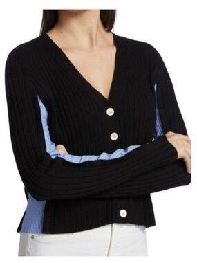 Veronica Beard DAYLA Black V-Neck Ribbed Cardigan w Light Blue Side Panels SZ SM